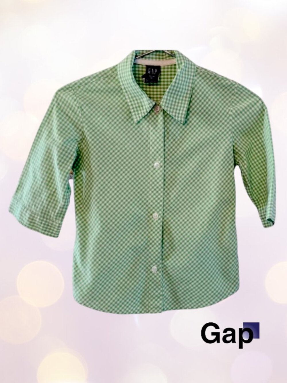 Gap Girl XS 4 Cotton Button Down Light Green White Plaid